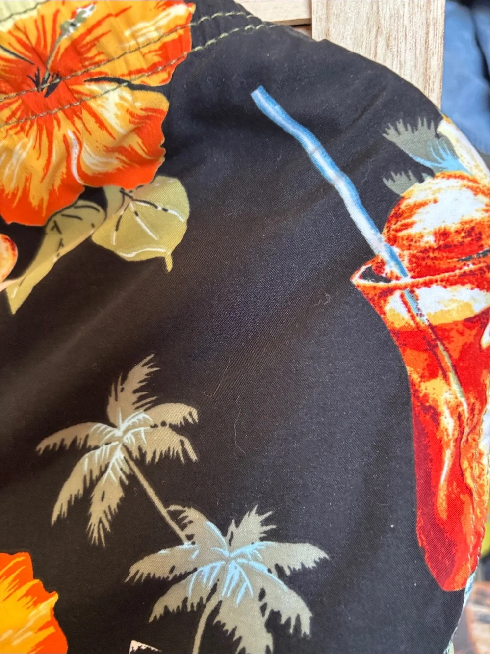 Mens sand and Sun black swim trunks with Orange Floral Print Large